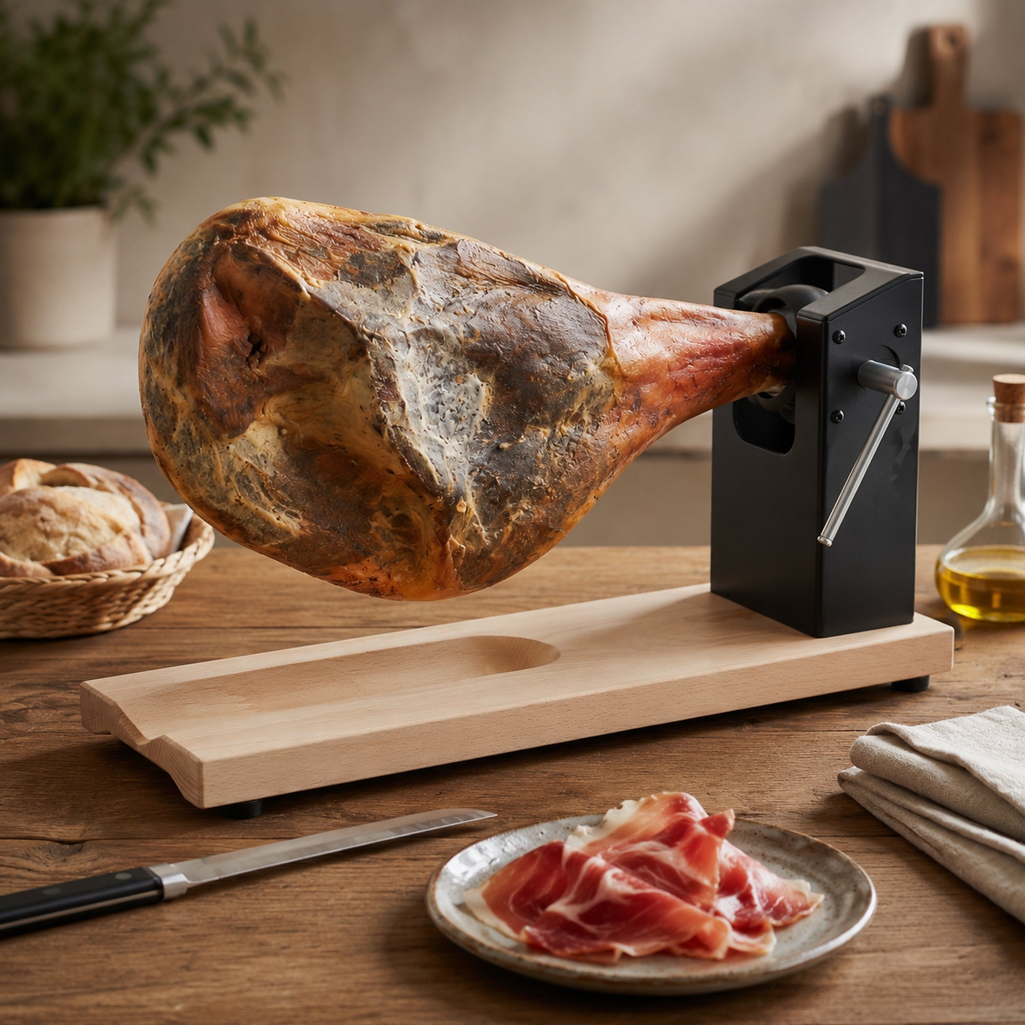 Un jamón entero en un soporte de madera con cuchillo y jamón cortado en un plato sobre una mesa.