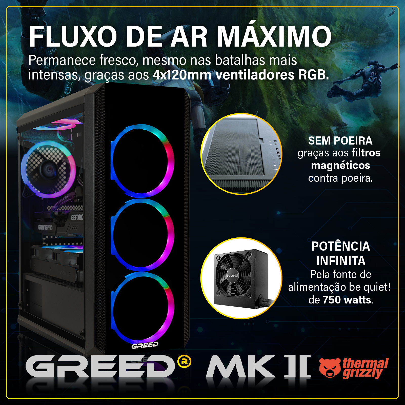 GREED MK II játék PC RGB ventilátorokkal, mágneses szűrőkkel és 750W tápegységgel.