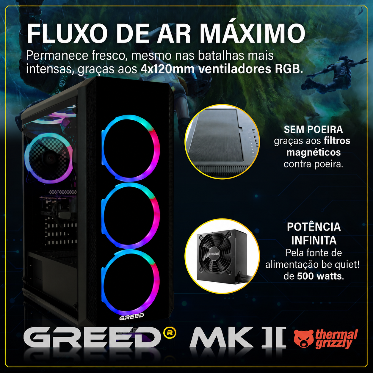 GREED MK II számítógépház RGB ventilátorokkal, mágneses porfilterrel és 500W tápegységgel.