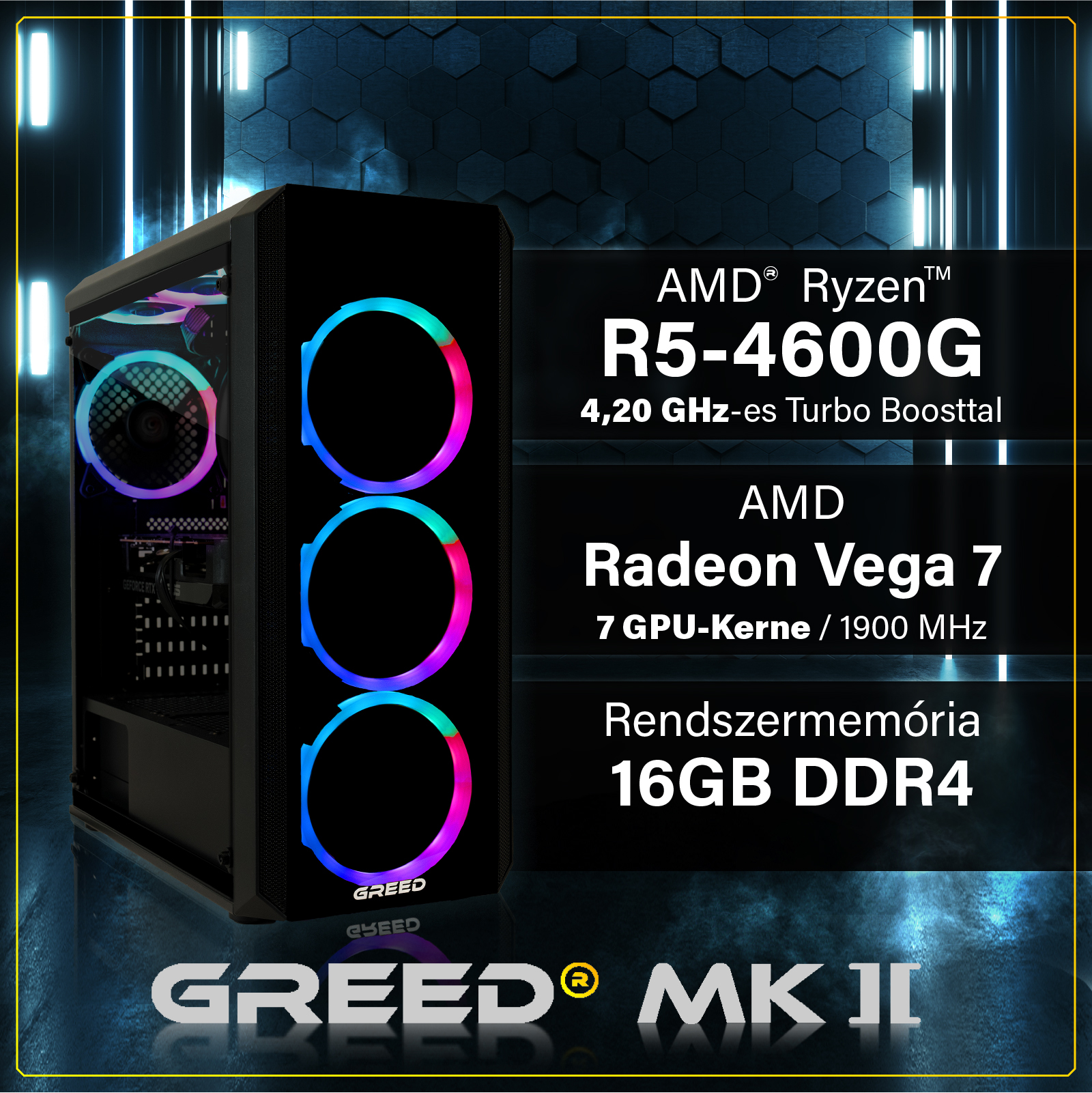 Egy gamer PC RGB ventilátorokkal, Ryzen R5-4600G, Radeon Vega 7 és 16GB DDR4 adatokkal.