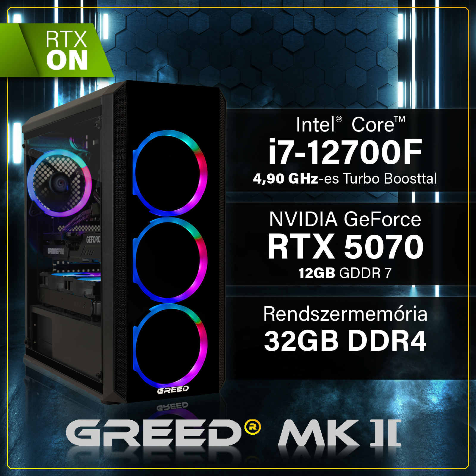 Gaming PC RGB ventilátorokkal, i7-12700F-mel és RTX 5070-nel kék háttér előtt.