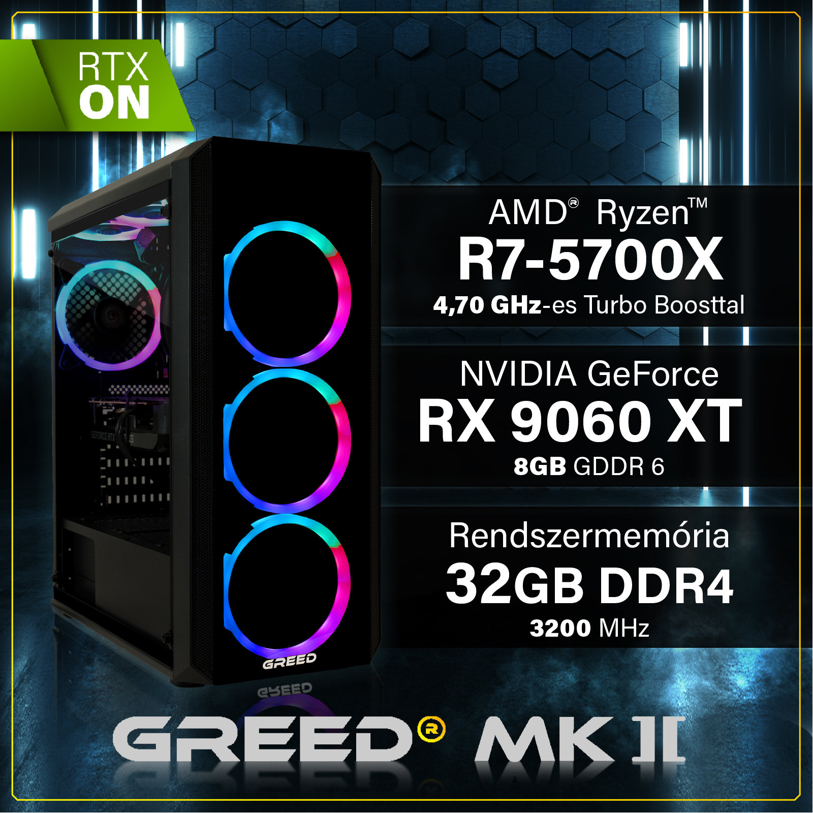 GREED MK2 AMD Hero PC | 32GB Fekete Gamer PC (/Radeon™ RX 9060 XT/32 GB ...