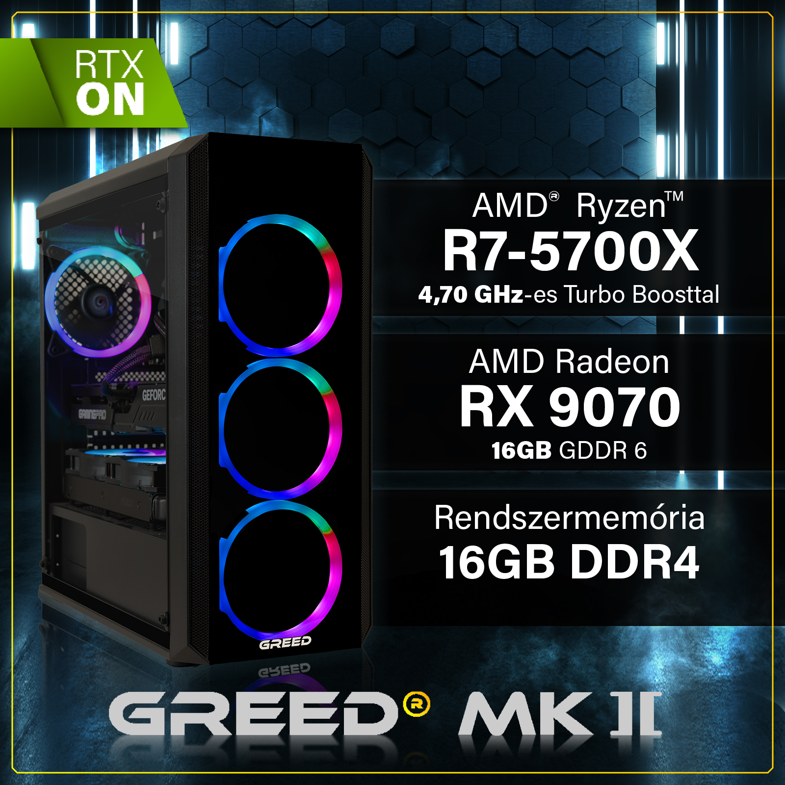 Fekete gamer PC RGB ventilátorokkal kék technológiai háttérrel, alkatrész adatokkal.