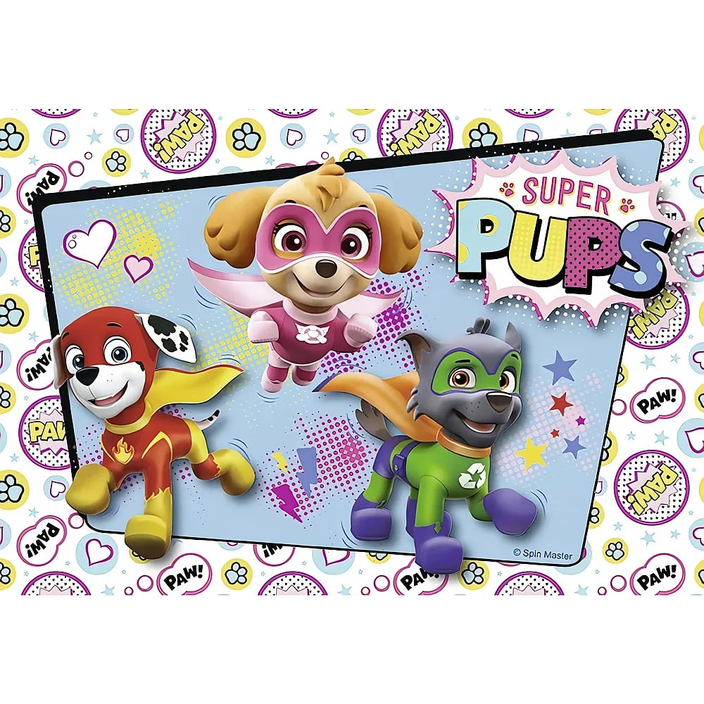 Drei Paw Patrol Superhelden-Welpen, Skye, Marshall und Rocky, in Aktion vor einem bunten Hintergrund.
