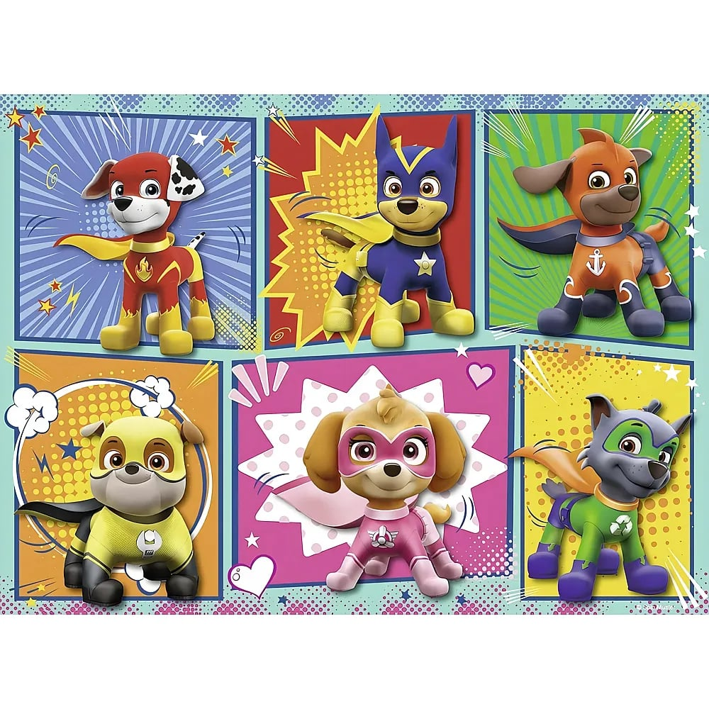 Sechs Cartoon-Superheldenhunde von PAW Patrol in bunten Feldern mit Comic-Hintergründen.