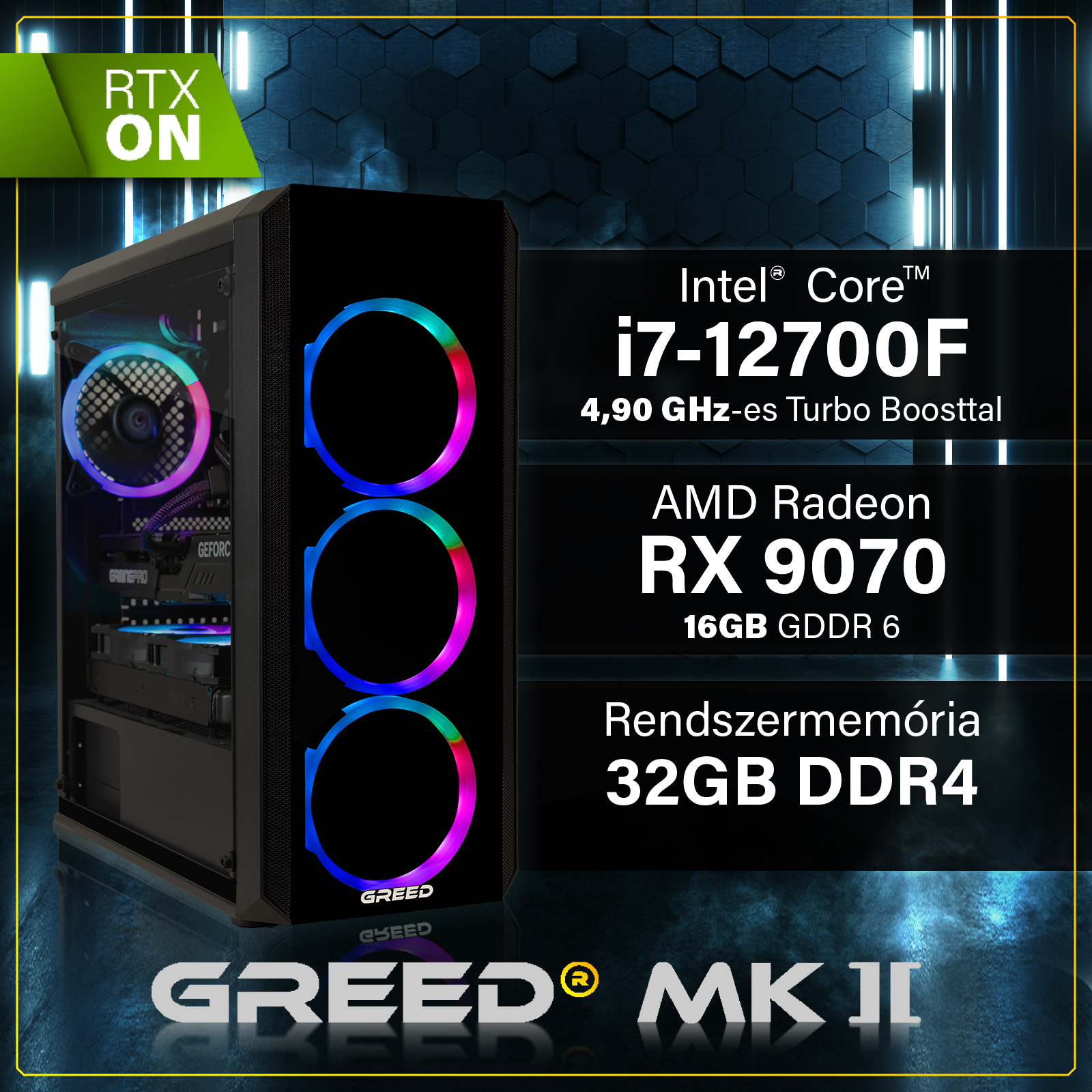 Játékra tervezett számítógép RGB ventilátorokkal, Intel i7, AMD RX 9070 és 32GB RAM feliratokkal sötét háttérben.