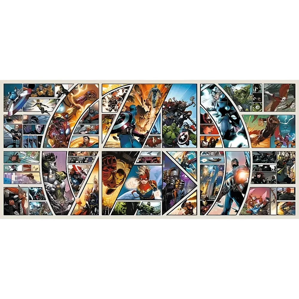 Ein Mosaik aus bunten Marvel-Comics, das verschiedene Superhelden in Aktion zeigt.