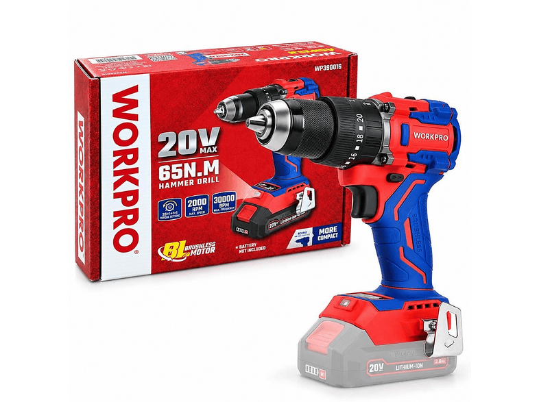 WORKPRO WP390016 20Volt 65Nm. Kömürsüz Profesyonel Şarjlı (Akü Dahil Değildir) Darbeli Matkap
