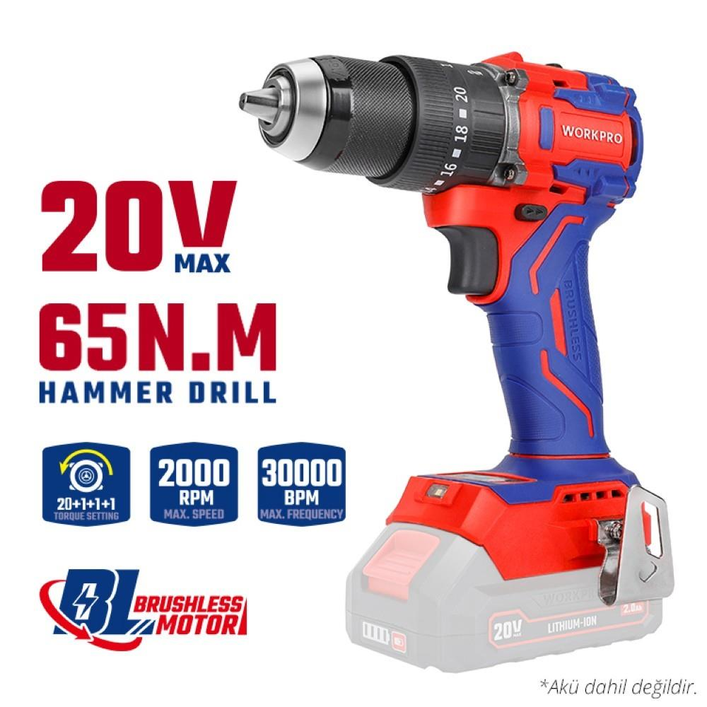 Teknik ozellikleriyle mavi ve kirmizi WORKPRO 20V sarjli darbeli matkap.