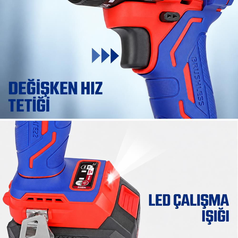 Değişken hız tetigini ve LED çalışma ışığını gösteren kırmızı ve mavi renkli akülü matkap yakın çekimi.