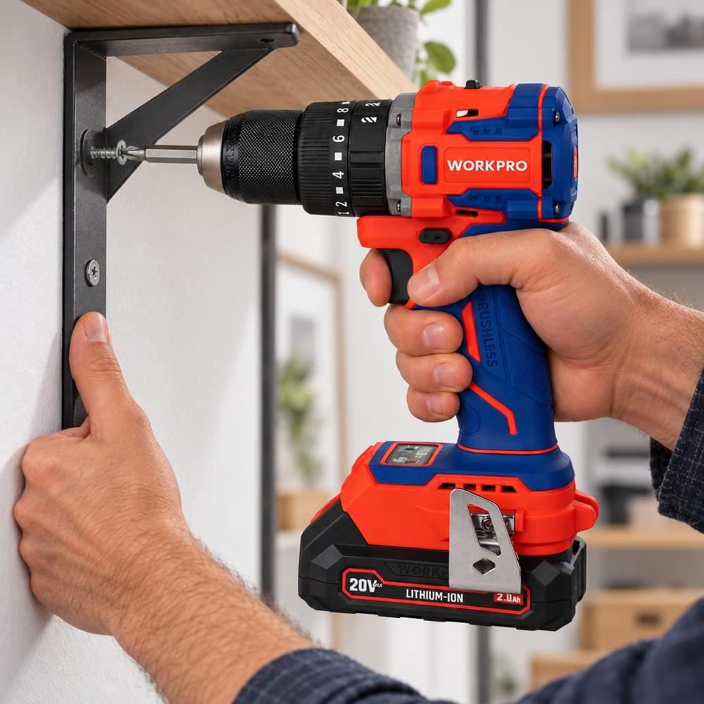 Bir kişi, duvardaki siyah metal raf braketine vida sıkmak için kırmızı ve mavi bir Workpro akülü matkap kullanıyor.