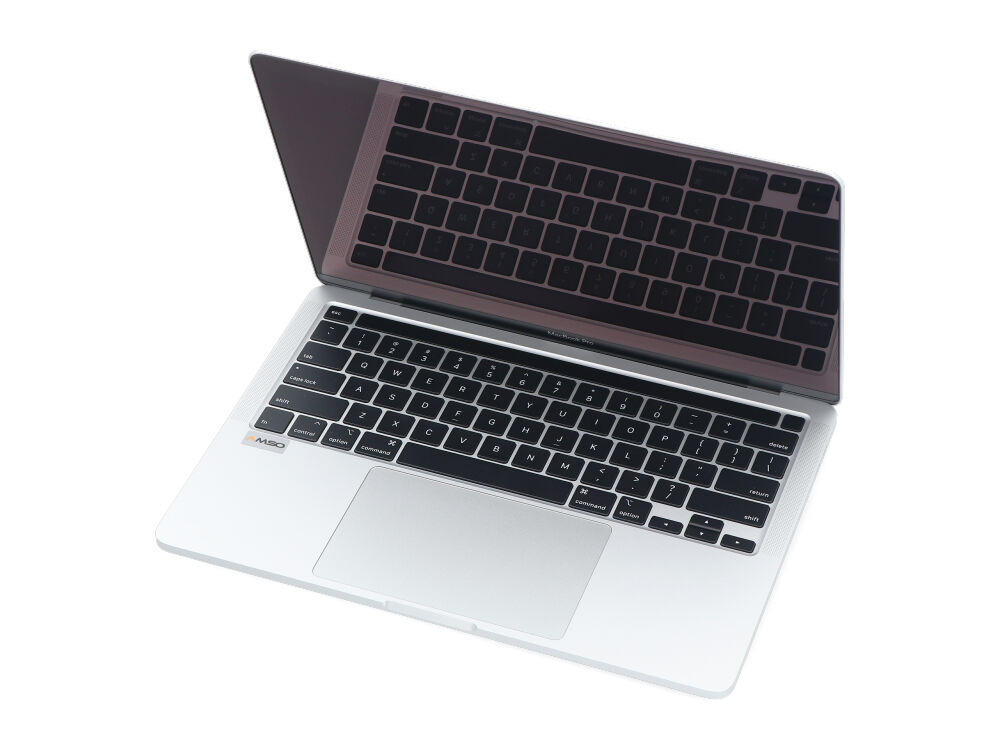 Srebrny laptop z czarną klawiaturą i panelem dotykowym na białym tle.