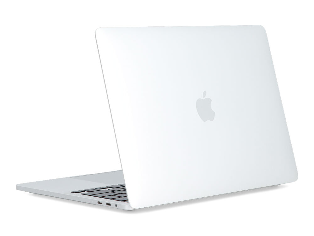 Srebrny laptop widziany od tyłu z logo Apple; klawiatura i porty są częściowo widoczne.