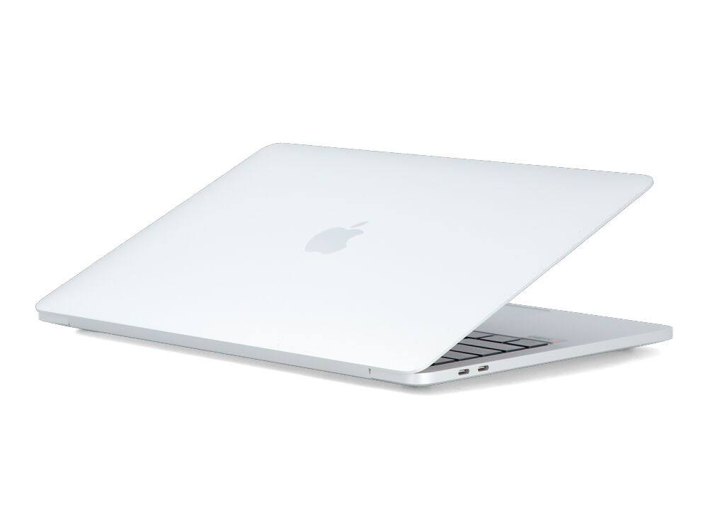 Srebrny laptop pokazany jest od tyłu pod kątem na białym tle.