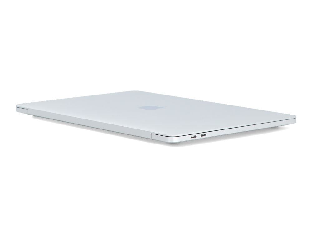 Zamknięty srebrny laptop na białym tle, widziany z niskiego kąta, widoczne porty USB-C.