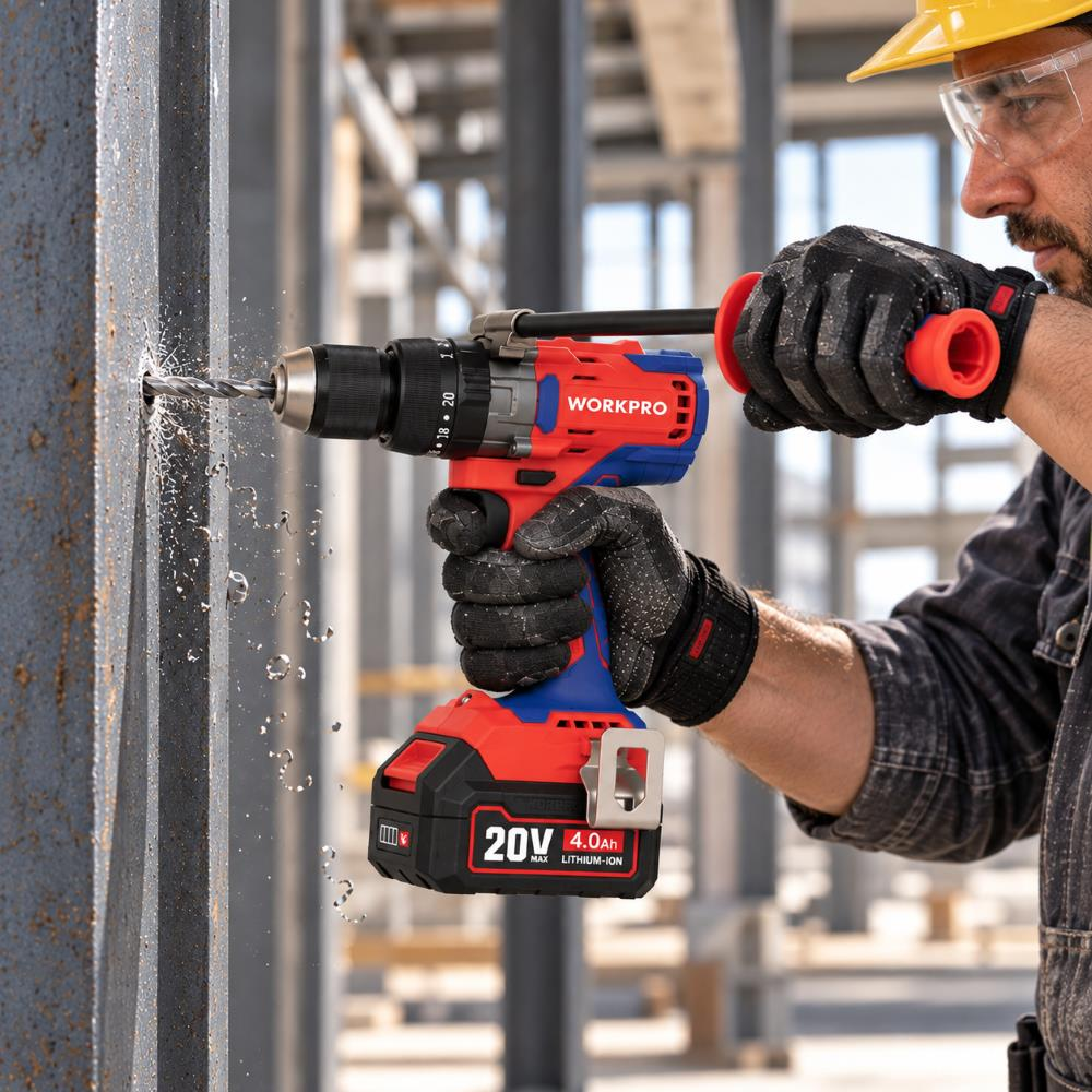 Bir işçi kırmızı ve mavi Workpro matkapla metal kirişe delik açıyor.