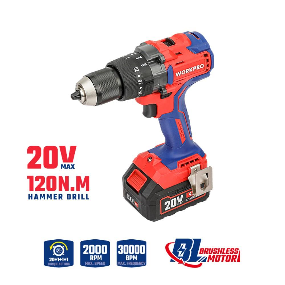 Kırmızı ve mavi renkli WORKPRO 20V darbesiz matkap, 120N.m tork, 2000 RPM ve 30000 BPM özelliklerine sahip.