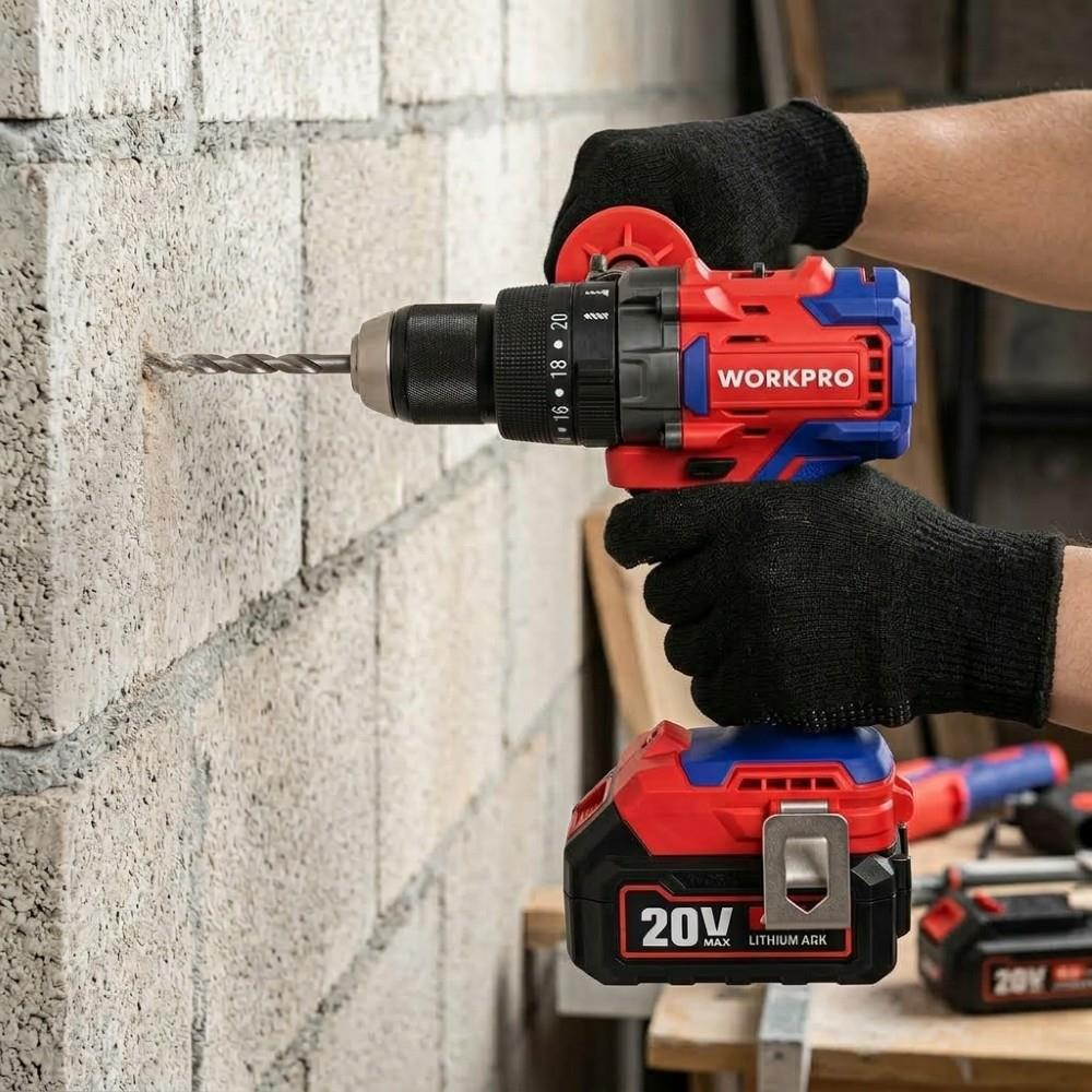 Siyah eldivenli bir kişi, kırmızı ve mavi Workpro akülü matkapla beton duvara delik açıyor.