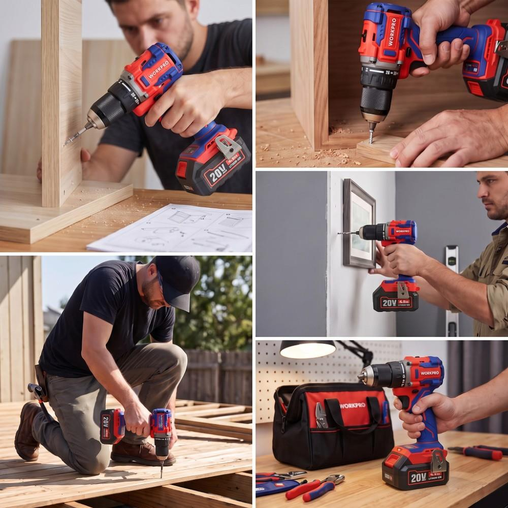 Ahşap ve duvar işleri için kırmızı-mavi Workpro şarjlı matkap kullanan adam.