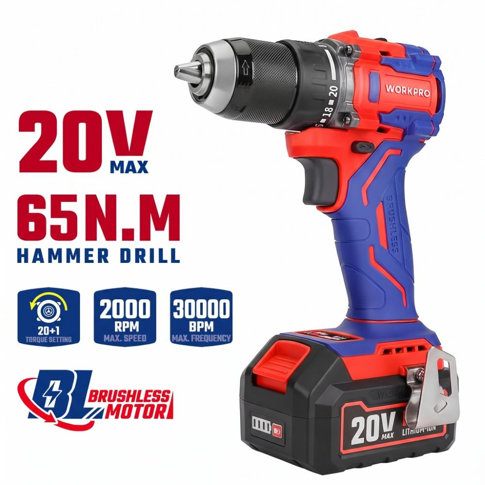Beyaz arkaplanda teknik ozellikleriyle kirmizi ve mavi Workpro 20V sarjli darbeli matkap.