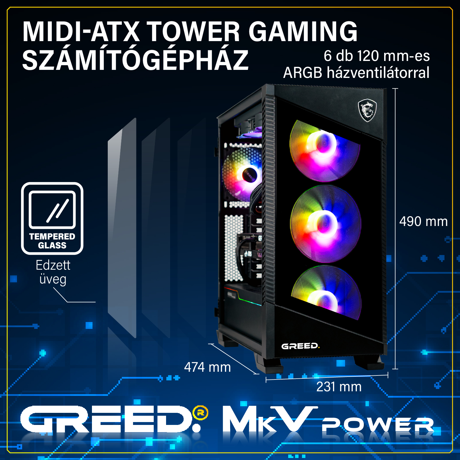 Fekete Midi-ATX gamer PC ház RGB ventilátorokkal, edzett üveg oldallappal és méretekkel kék háttéren.