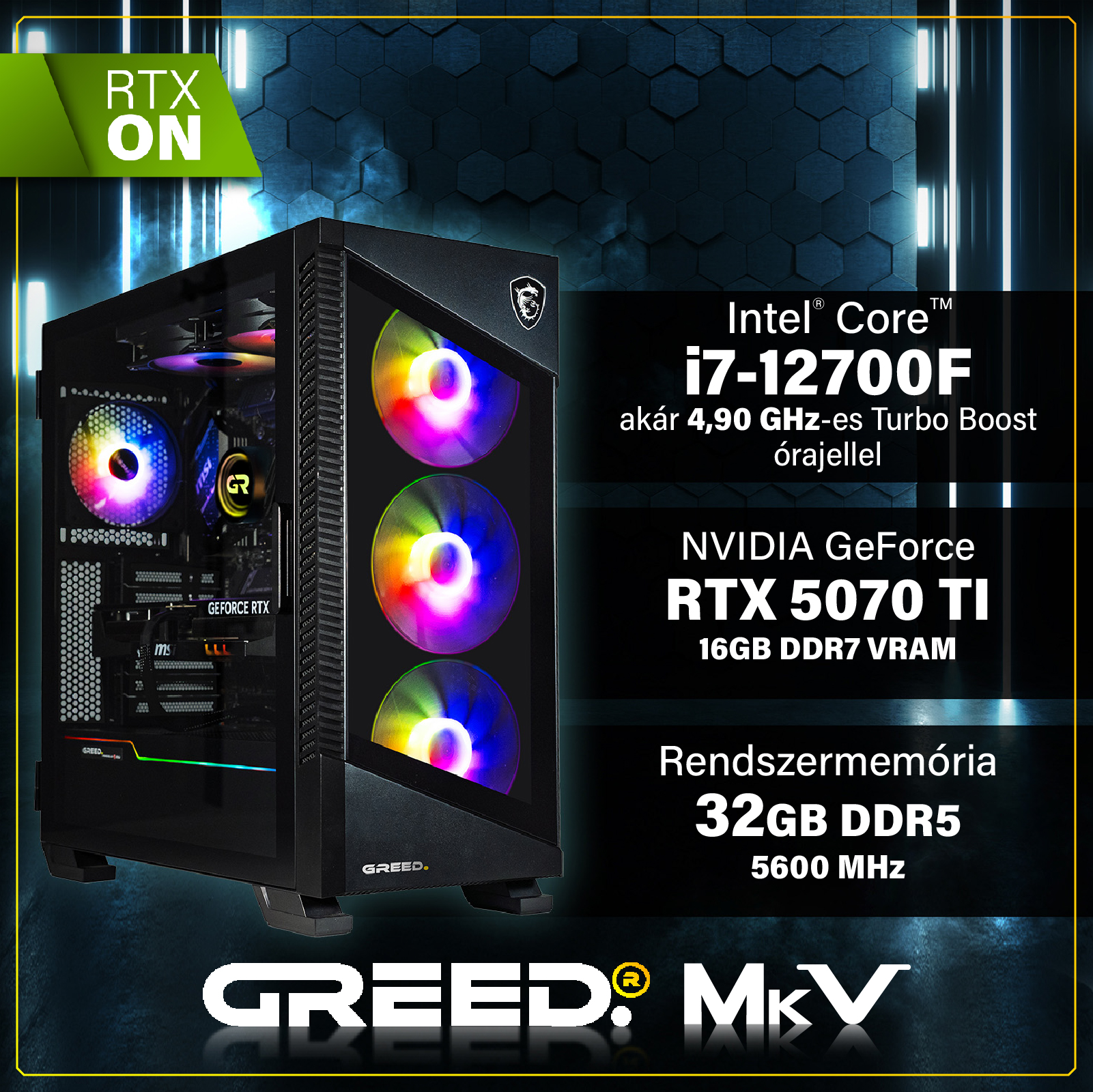 Játék PC RGB ventilátorokkal, Intel Core i7-tel és RTX 5070 Ti kártyával.