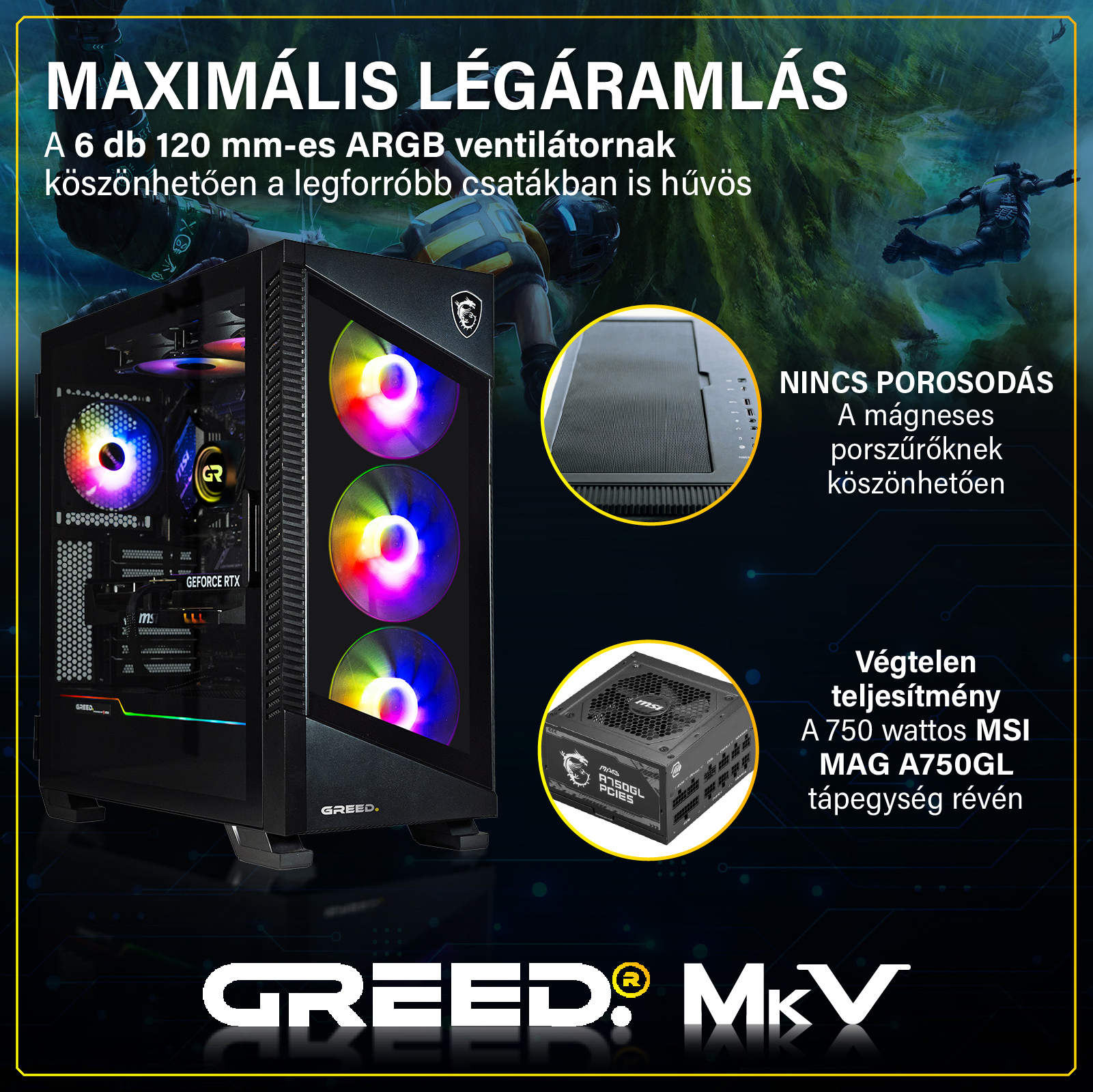 Fekete gamer PC RGB ventilátorokkal, mágneses porszűrővel és MSI MAG A750GL tápegységgel sötét háttér előtt.