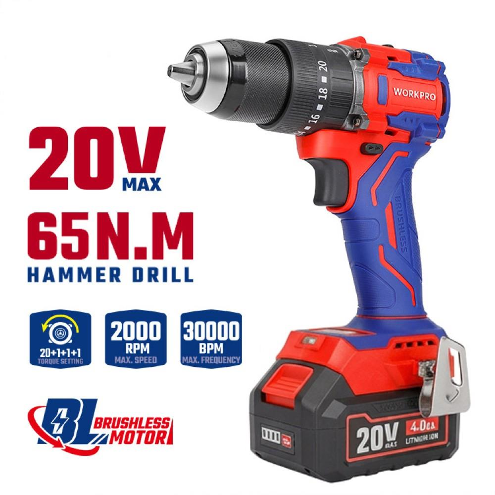 Kırmızı ve mavi WORKPRO 20V akülü darbeli matkap, bataryası, tork ve hız özellikleri ile.