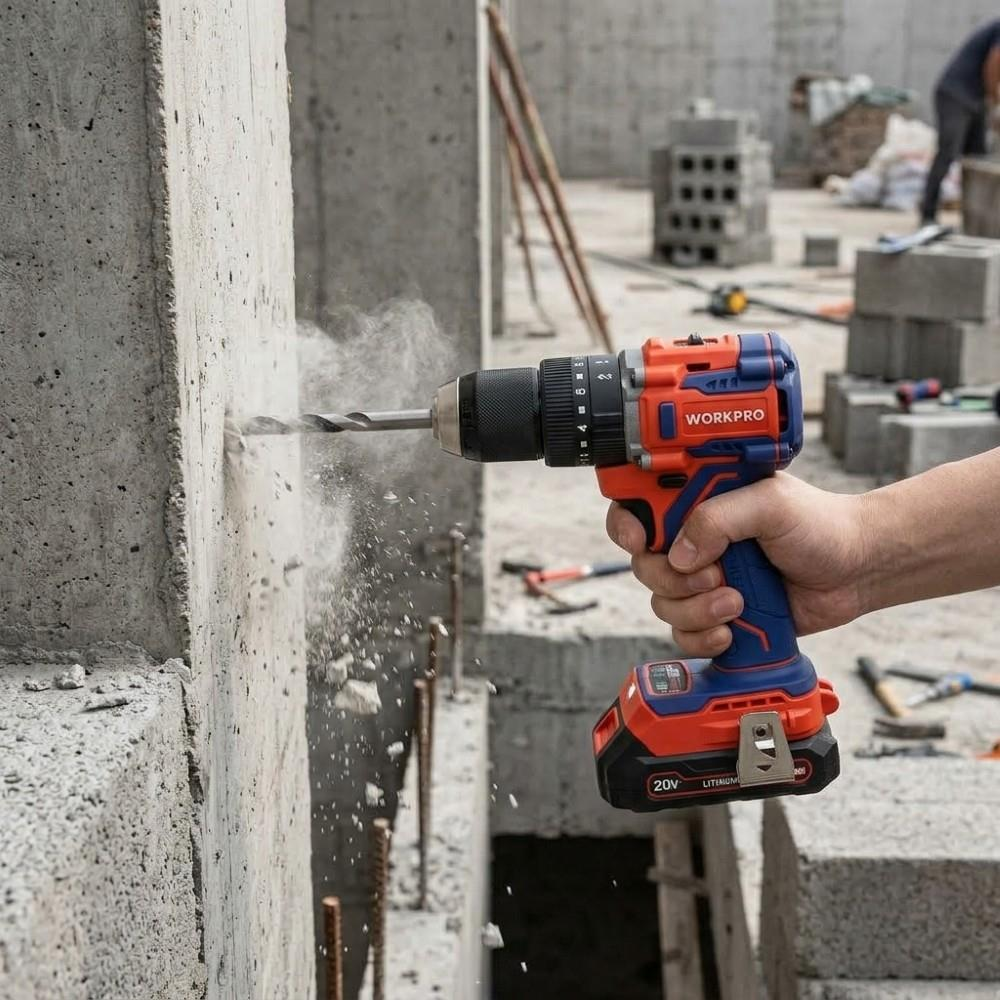 Bir el, inşaat alanında turuncu ve mavi akülü matkapla beton duvara delik açıyor.