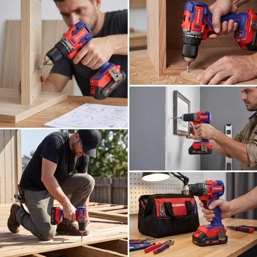 Bir adam, ahşap ve montaj işleri için kırmızı ve mavi renkli Workpro şarjlı matkap kullanıyor.
