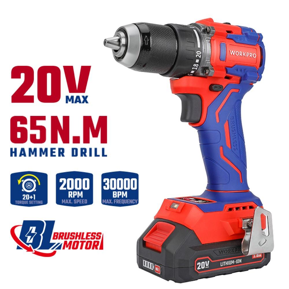Beyaz arka planda Workpro logolu ve teknik özellikli kırmızı ve mavi 20V akülü darbeli matkap.