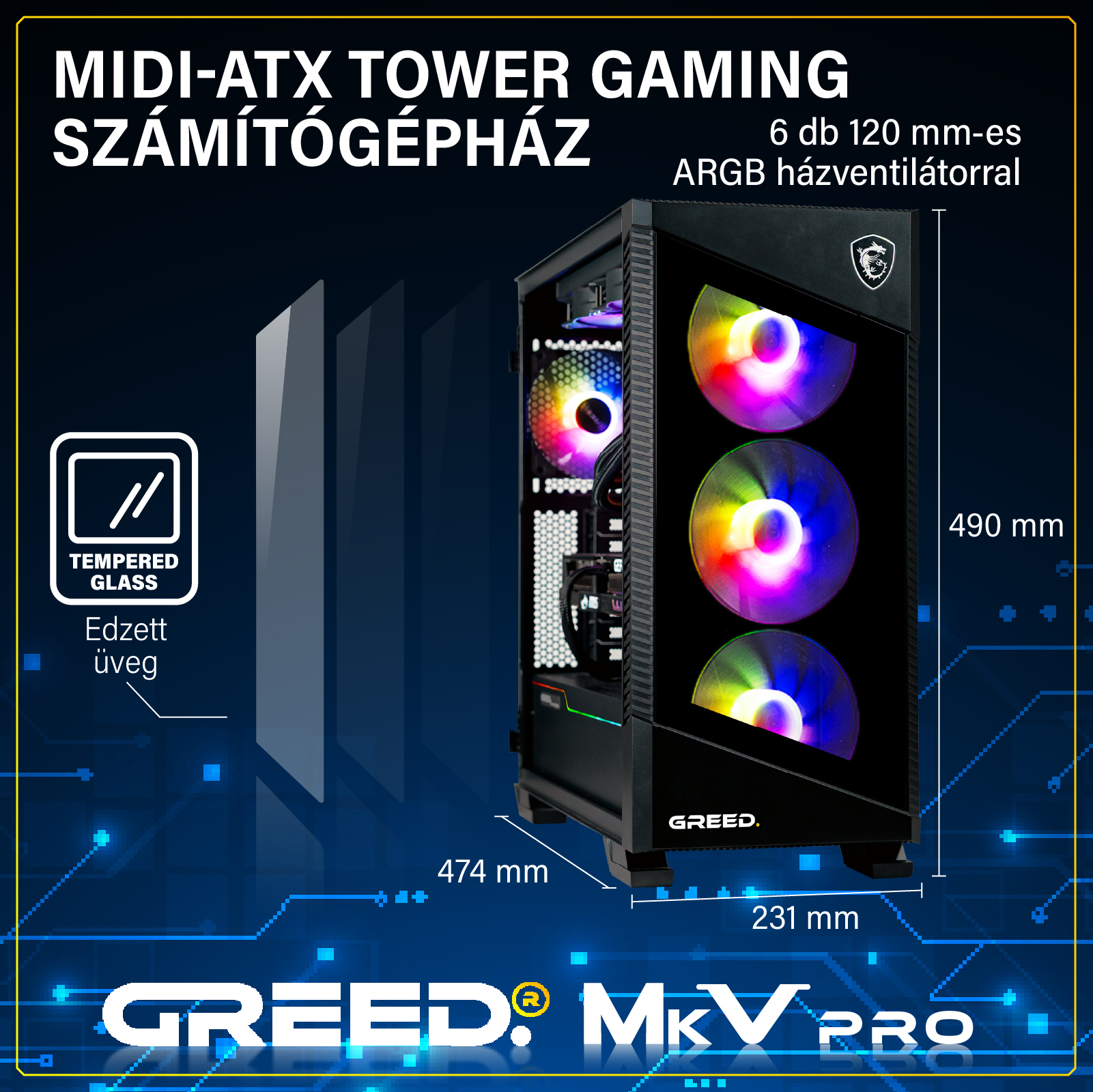 Fekete Greed MkV Pro midi-ATX gamer PC ház RGB ventilátorokkal, edzett üveg oldallappal és méretekkel.
