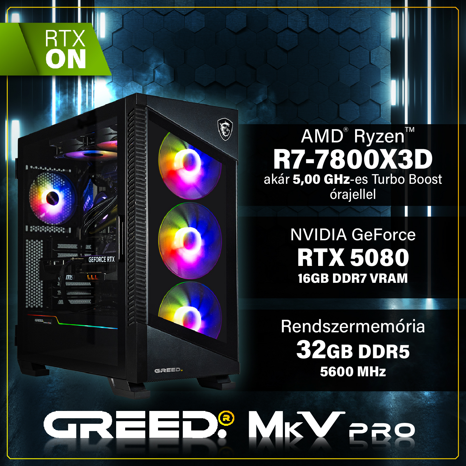 Gaming PC RGB ventilátorokkal, AMD Ryzen 7 és RTX 5080.