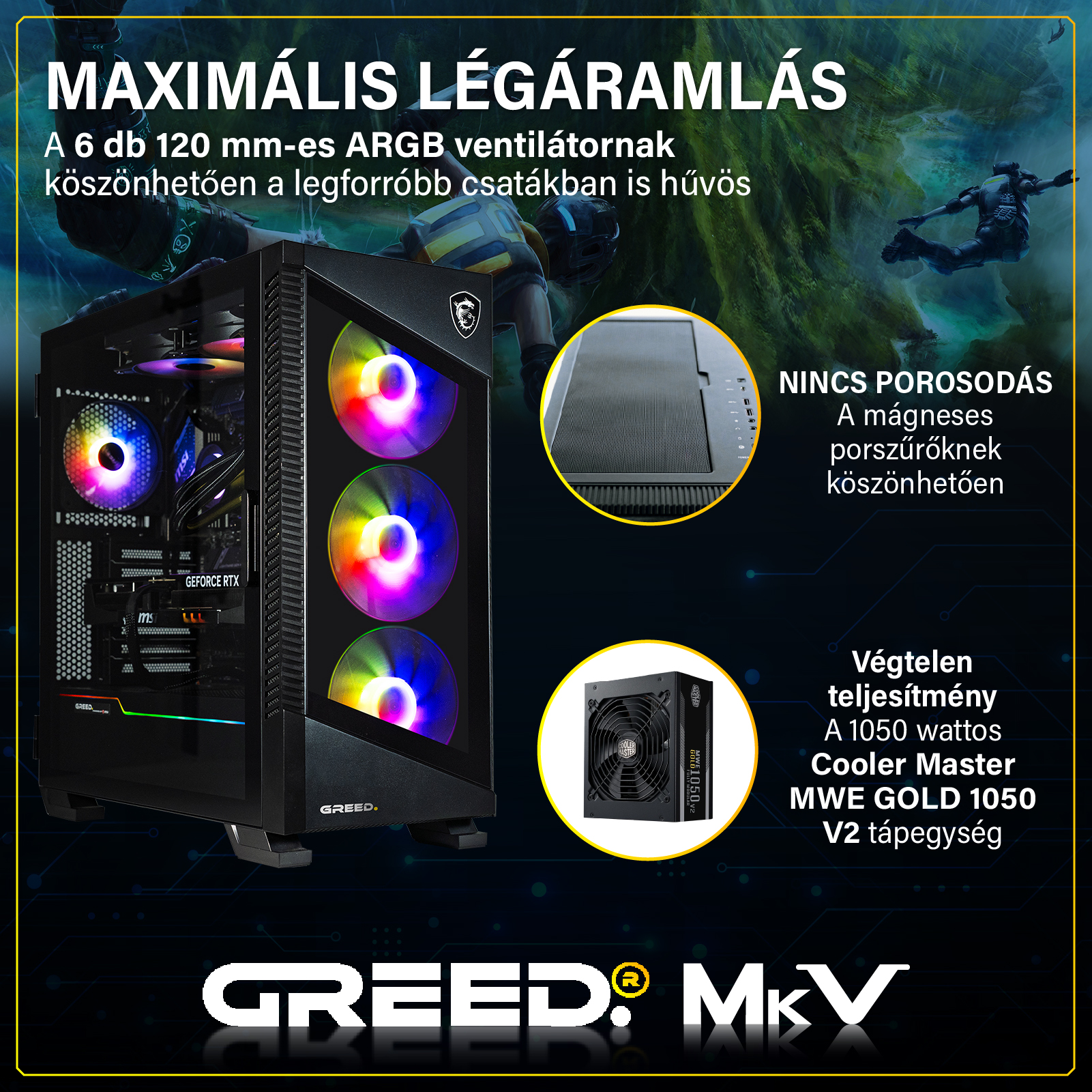 Gamer PC ARGB ventilátorokkal, mágneses szűrővel és 1050W tápegységgel sötét háttér előtt.