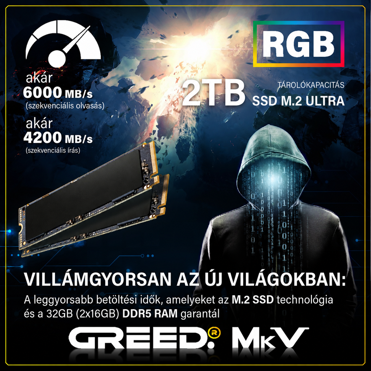 Hirdetés 2 TB-os M.2 Ultra SSD-hez 6000 MB/s sebességgel, RGB-vel és csuklyás alakkal.