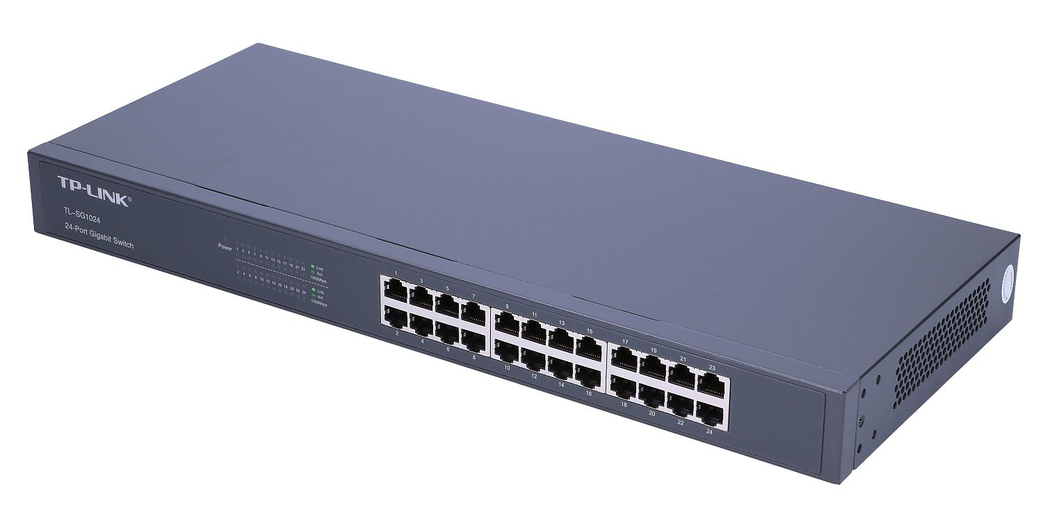 Un switch gigabit TP-Link de 24 puertos gris sobre fondo blanco.