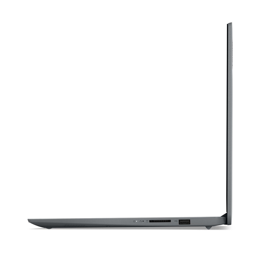 Widok z boku zamkniętego szarego laptopa na białym tle.