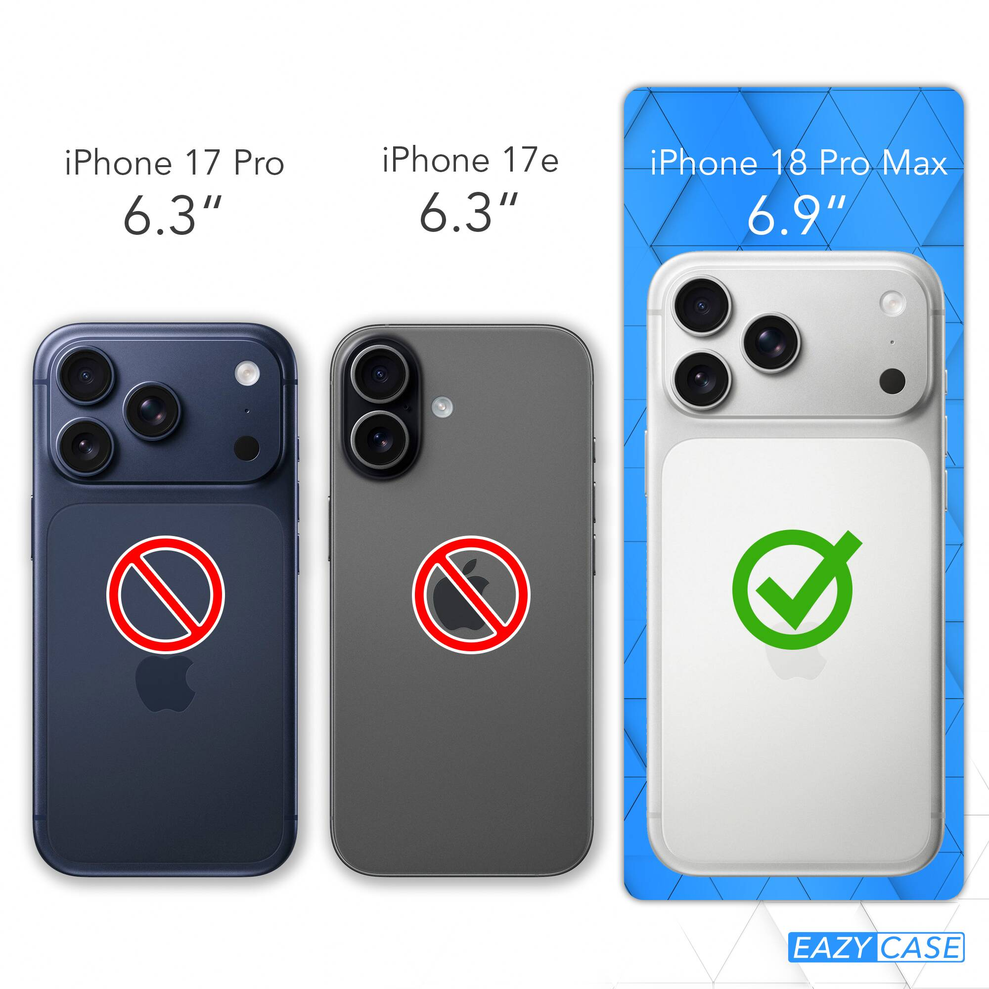 Vergleich von drei iPhone-Modellen: iPhone 17 Pro, 17e und 18 Pro Max mit Kamera- und Größenangaben.