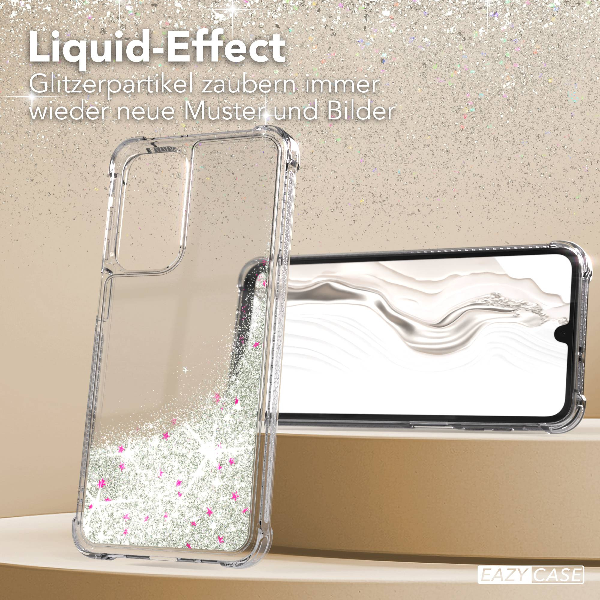 Eine transparente Handyhülle mit Silberglitter und pinken Sternen vor glitzerndem Hintergrund.