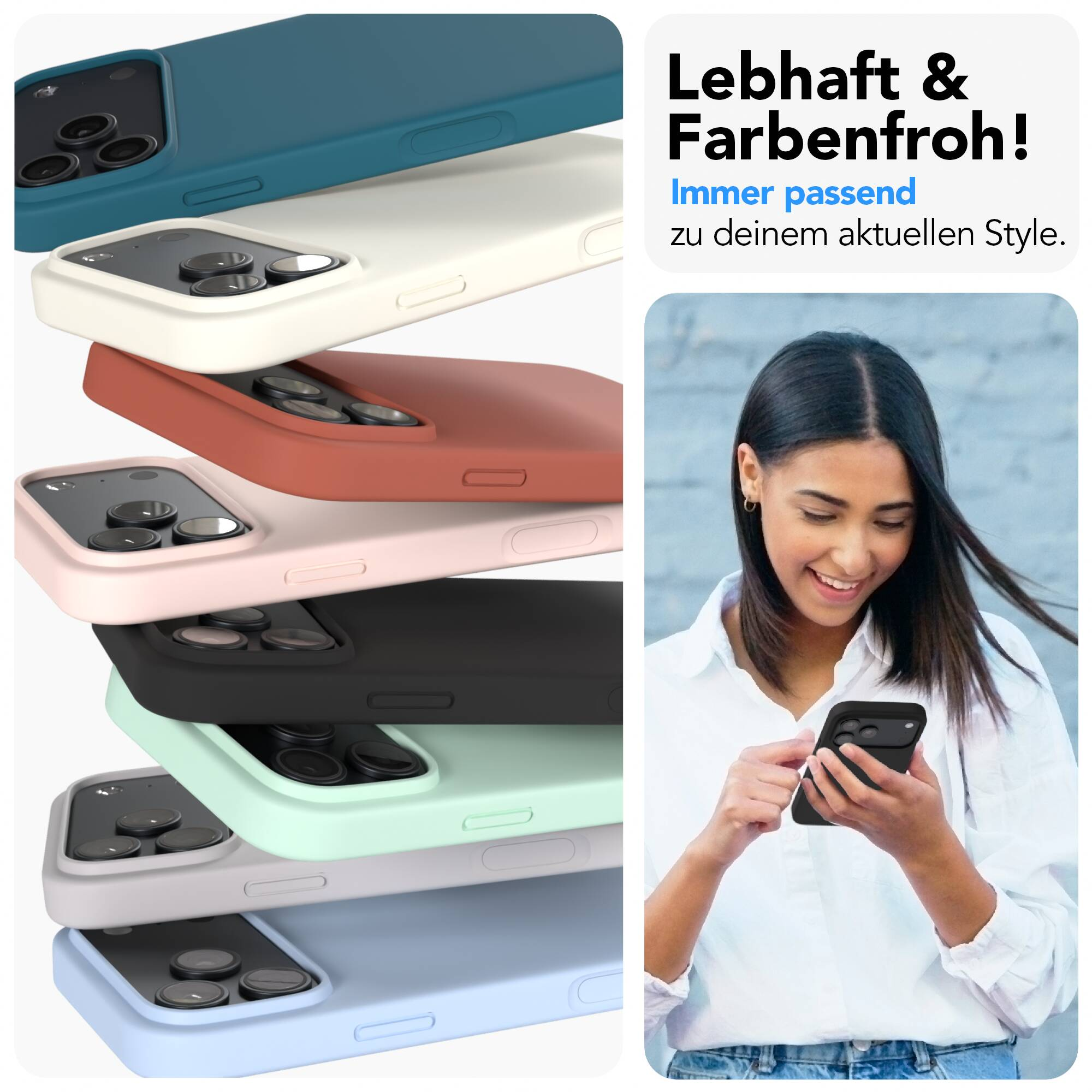 Stapel bunter Smartphone-Hüllen und eine lächelnde Frau, die ihr Handy benutzt.