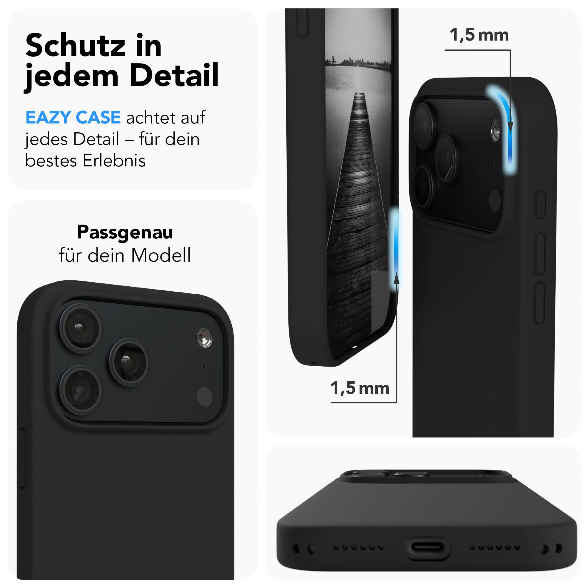 Eazy Case Werbung zeigt Produktdetails und den 1,5 mm Schutz für Smartphone-Kanten.