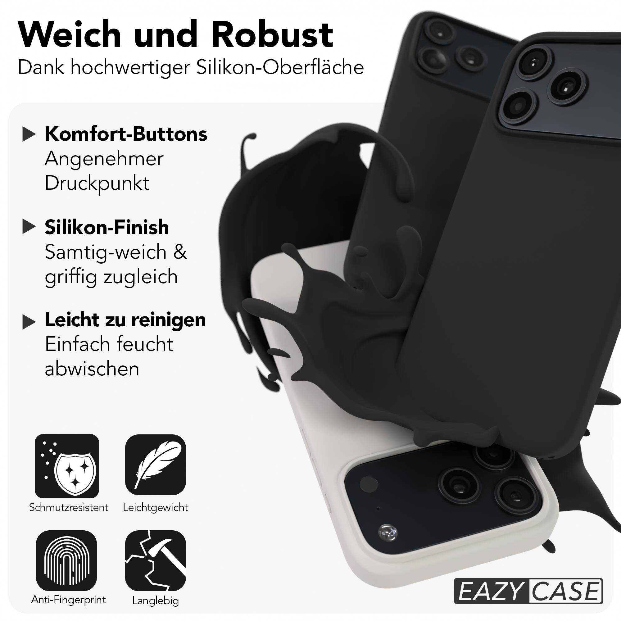 Schwarze Silikon Handyhülle mit flüssigem Silikon Design und Text in deutscher Sprache.