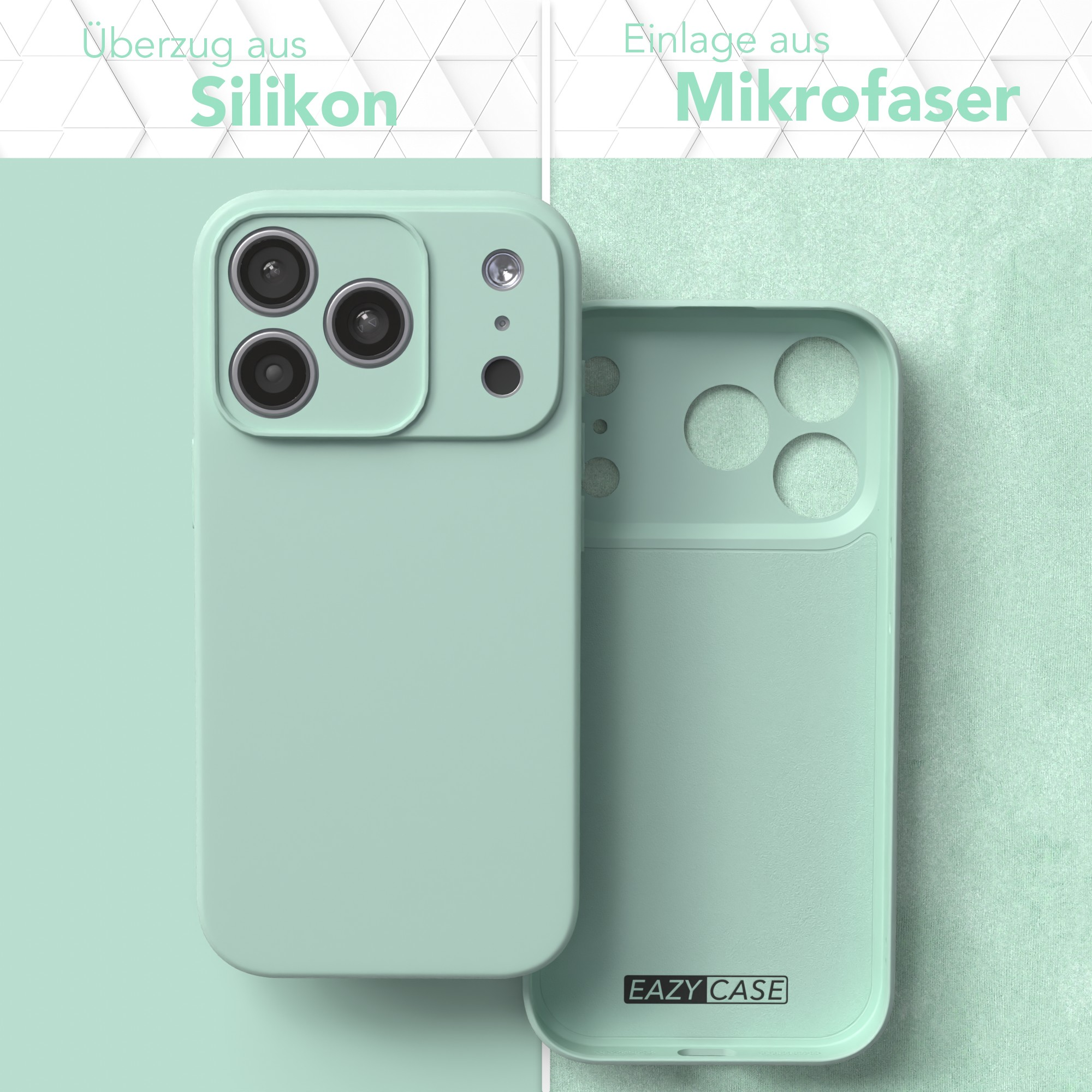 Hellgrüne Silikon-Handyhülle mit Mikrofasereinlage und EAZY CASE Logo auf der Innenseite.