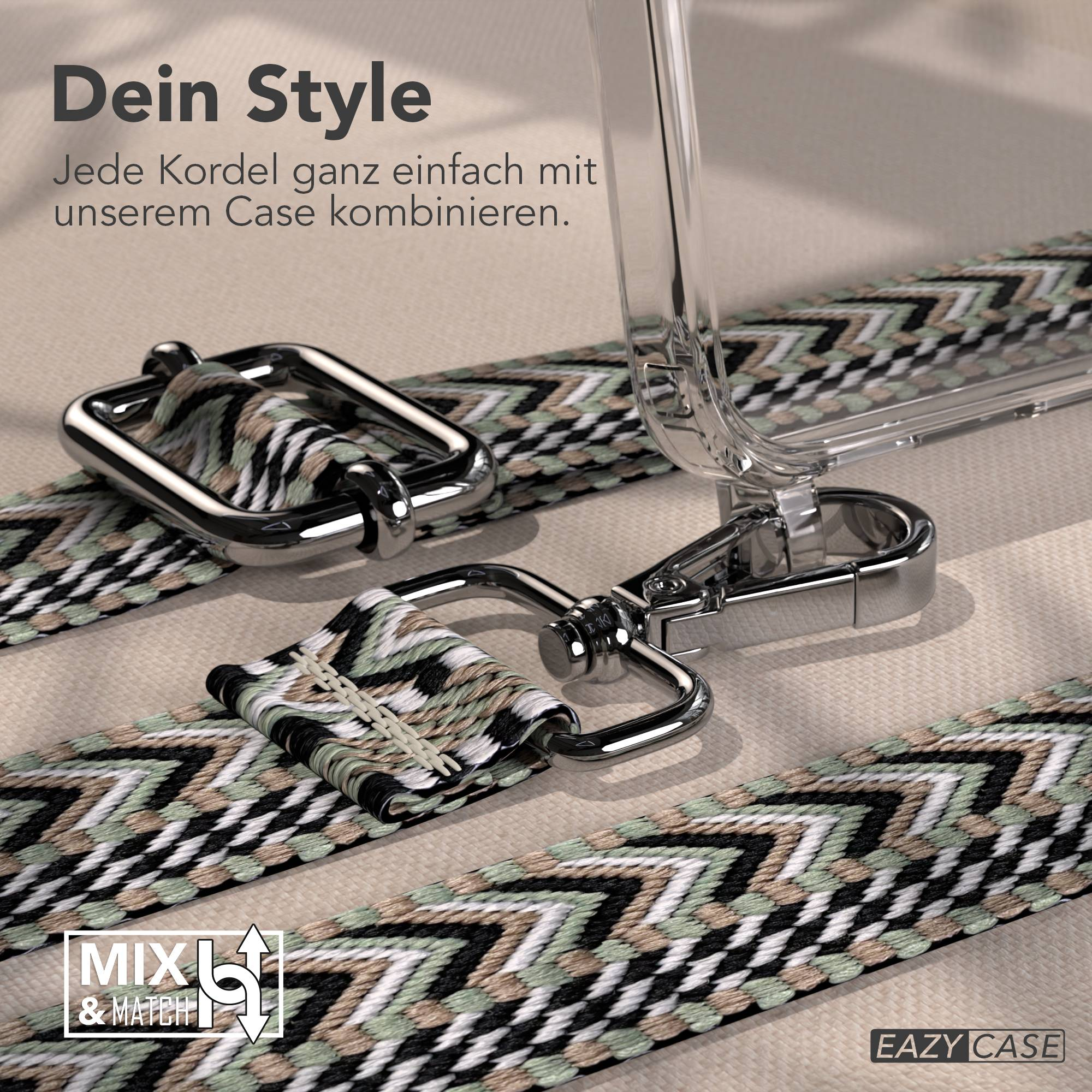 Transparente Handyschale an einem gemusterten Gurt mit silbernem Metall und deutschem Text vor beige.