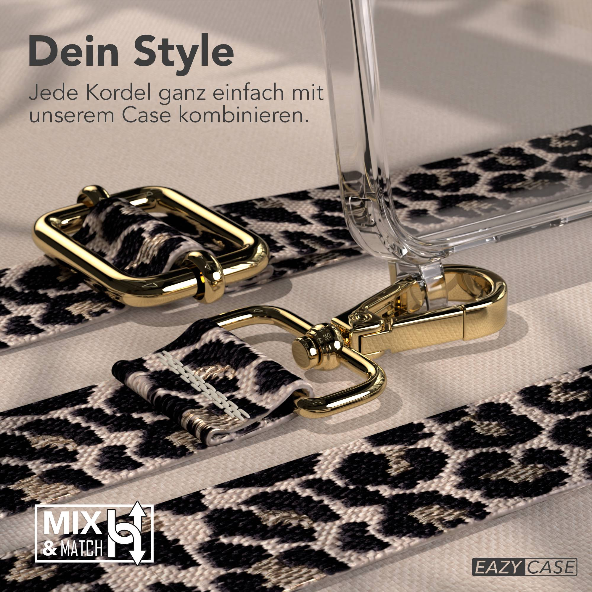 Transparente Handyhülle mit beigefarbenem Leo-Muster-Gurt und goldenen Verschlüssen.