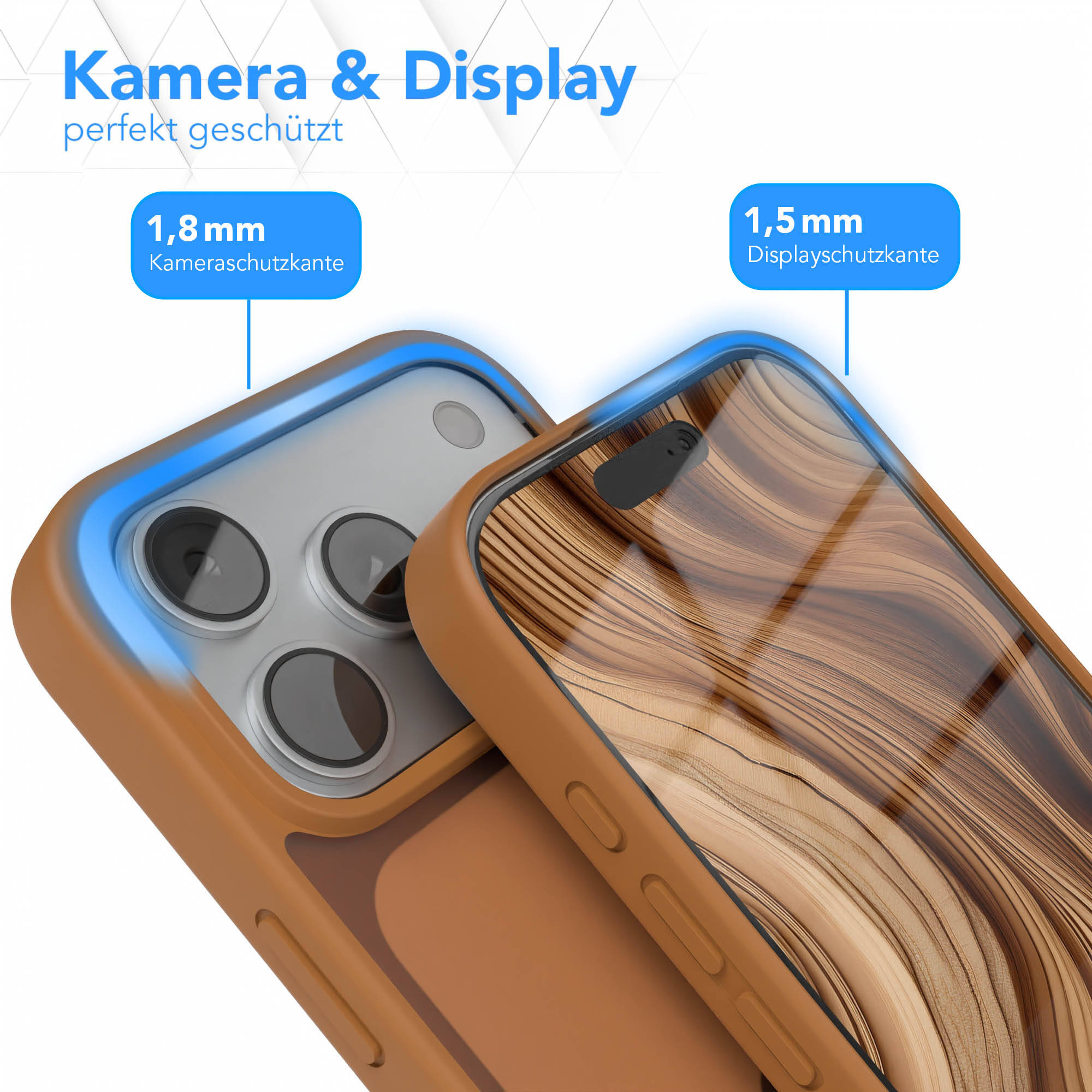 Smartphone in brauner Hülle mit 1,8 mm Kameraschutzkante und 1,5 mm Displayschutzkante.