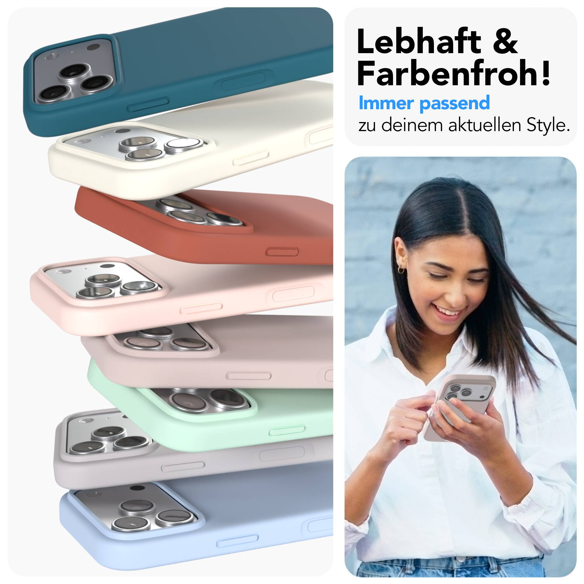 Stapel bunter Smartphone-Hüllen und eine lächelnde Frau, die ihr Handy benutzt.