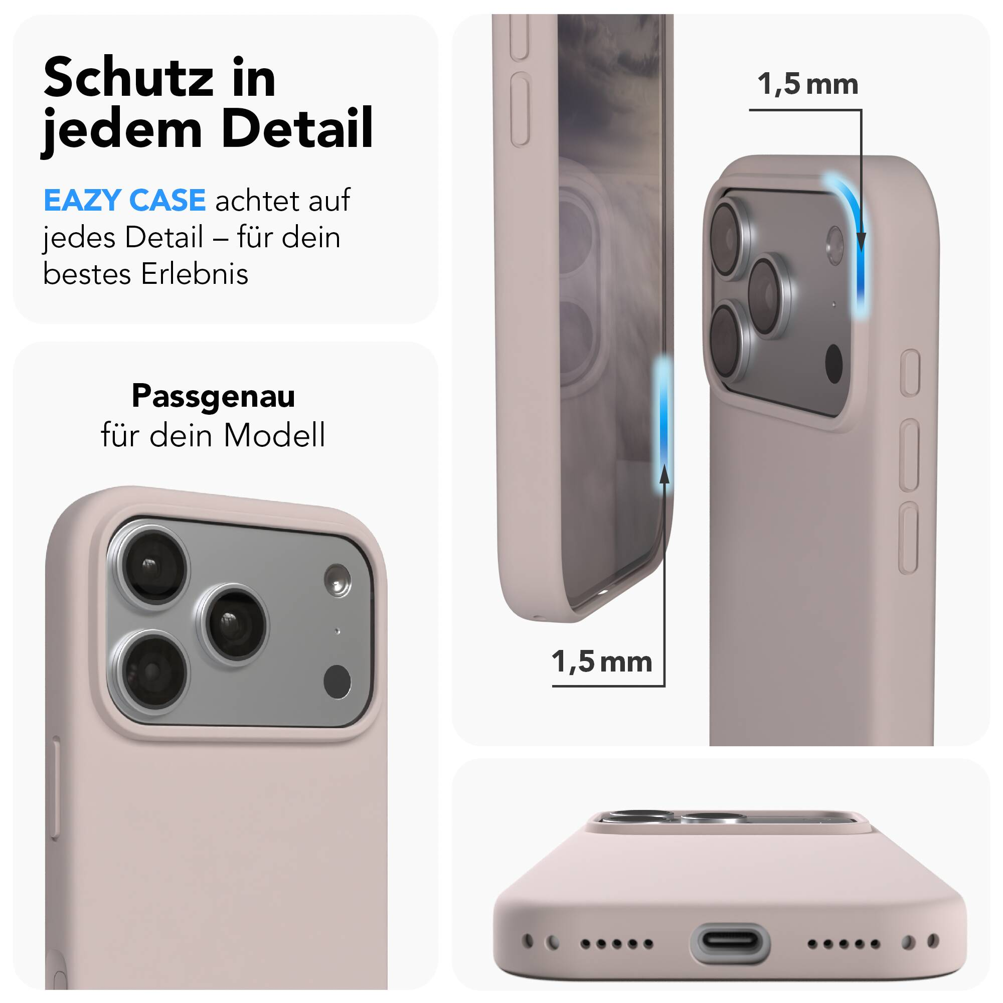 Infografik zeigt Schutz und Details einer pinken Smartphone-Hülle mit 1,5 mm Dicke.