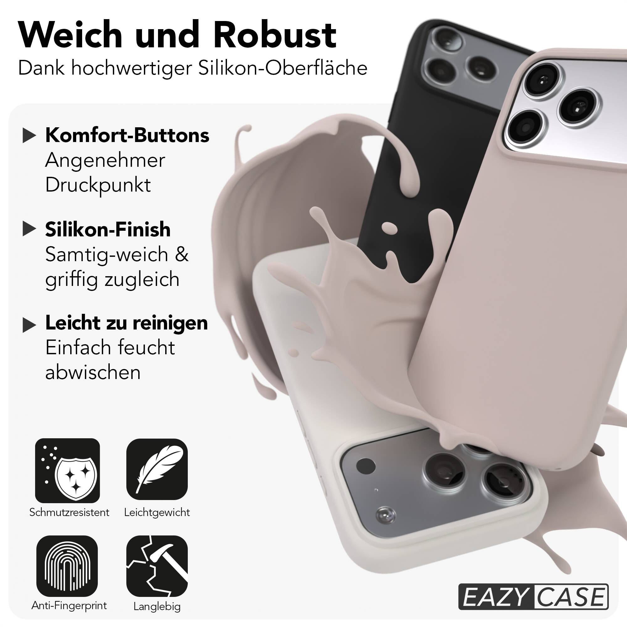 Drei iPhones in Silikon-Hüllen von Eazy Case umgeben von flüssigem Silikon, mit Produkttexten und Icons.