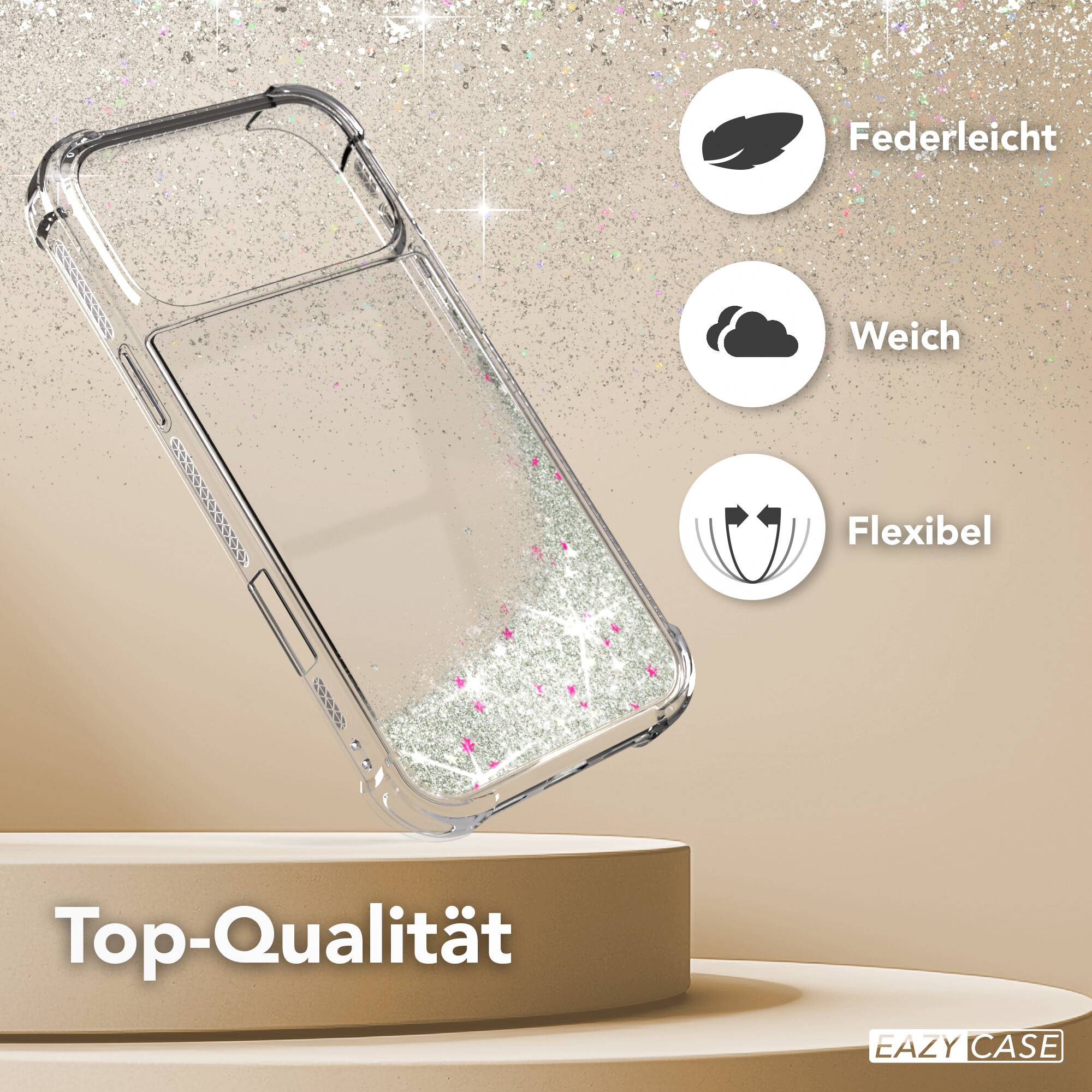 Transparente Handyhülle mit Glitzer, drei Icons und Texten Federleicht, Weich, Flexibel und Top-Qualität.